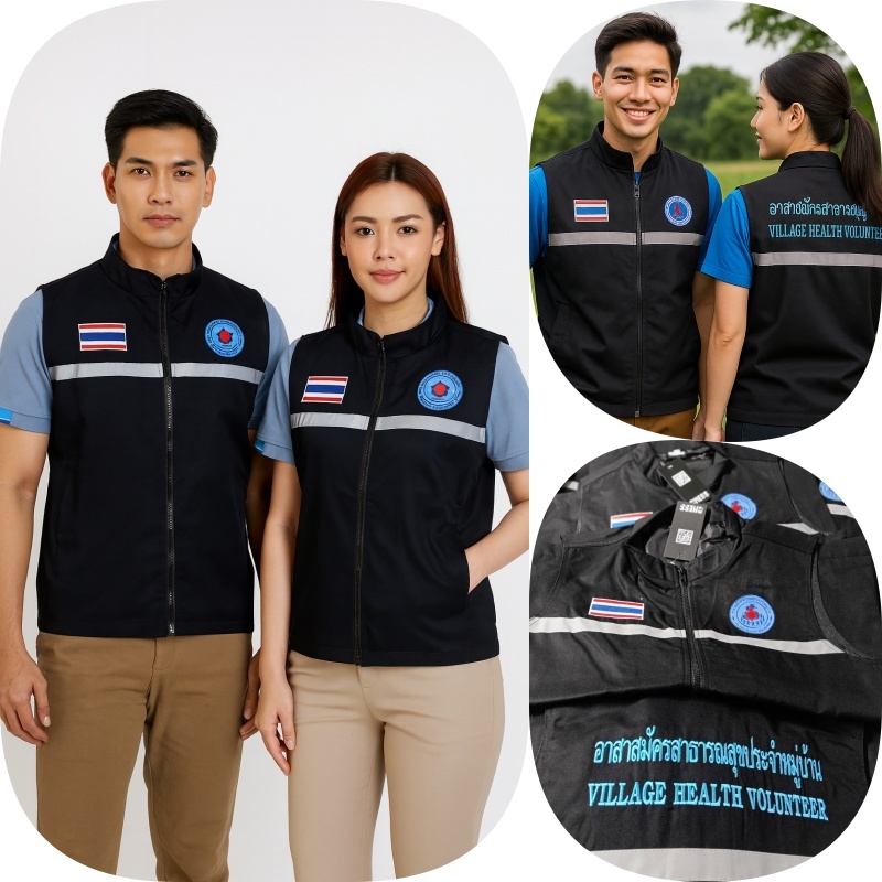 กั๊กอสม รุ่นปักลงเสื้อ เสื้อกั๊กสีดำอสม (กั๊กปักอสม) งานผลิตจากโรงงานไทย