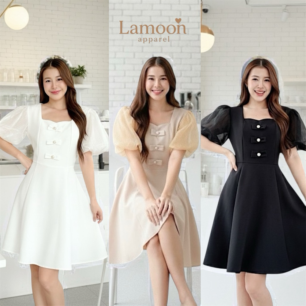 ANNIE DRESS  เดรสเเขนพองฟรุ๊งฟริ๊ง เเต่งโบว์กระดุมมุข ป้าย VERA (งานไทย)