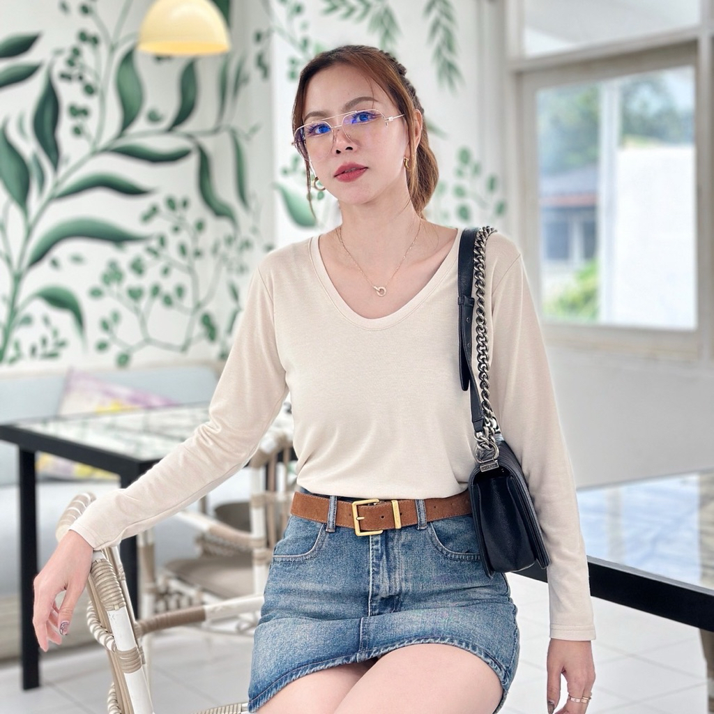 095-096เสื้อยืดแขนยาวคอยูผ้าสแควร์นิ่มใส่สบาย🩶🤍