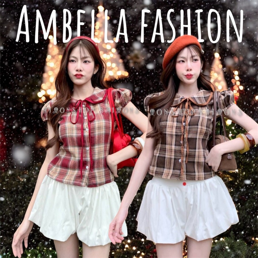 ambellaพร้อมส่ง เสื้อคอบัวลายสก็อตสายแต่งผูกอกงานน่ารักมากทรงเข้ารูปใส่แล้วสวย