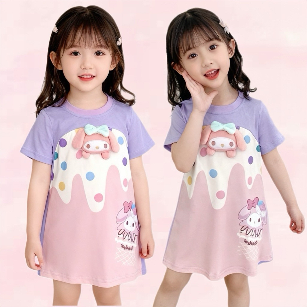 BB009 เดรสลูกสาวลาย Melody มาพร้อมป๊อปอัพหัวการ์ตูน