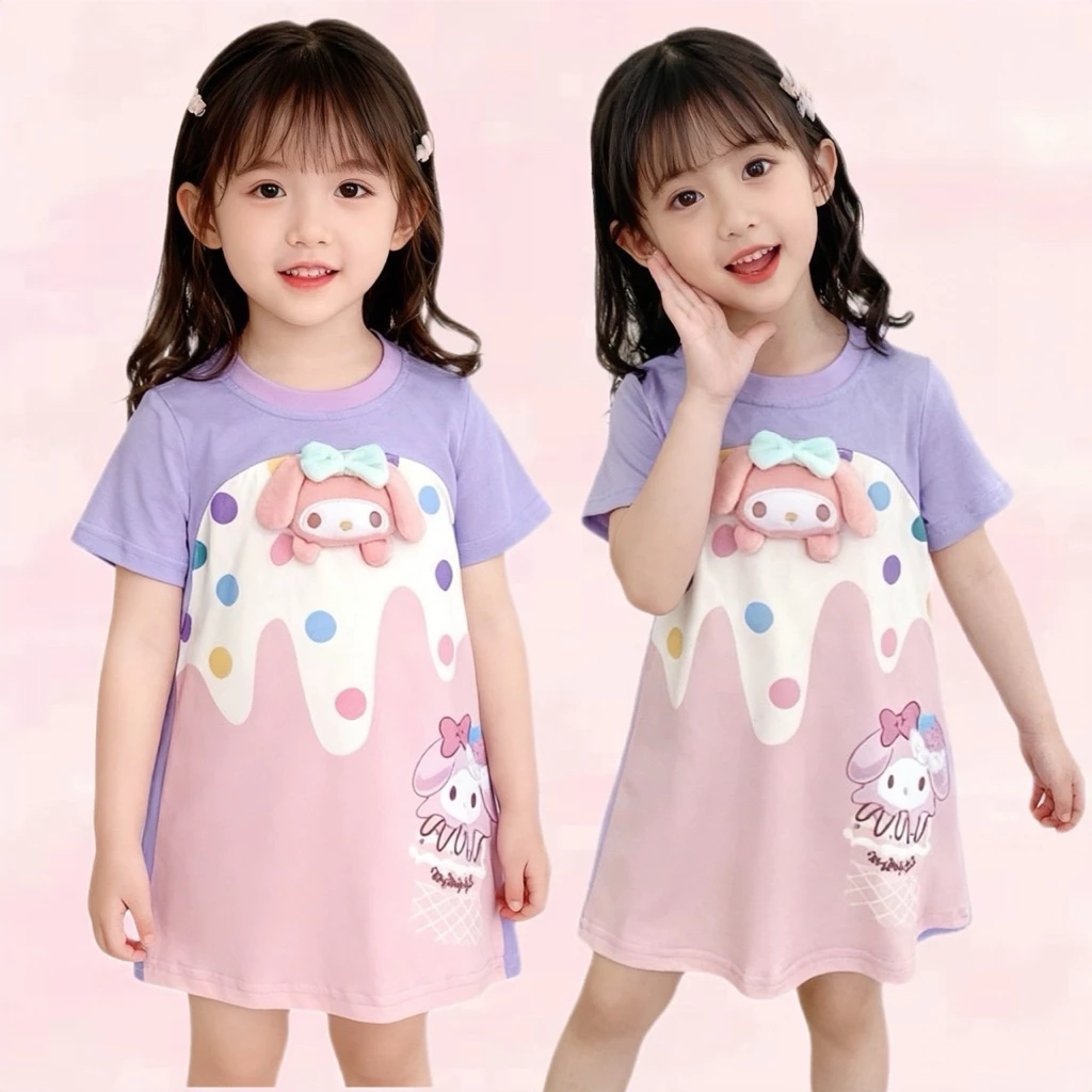 BB009 เดรสลูกสาวลาย Melody มาพร้อมป๊อปอัพหัวการ์ตูน