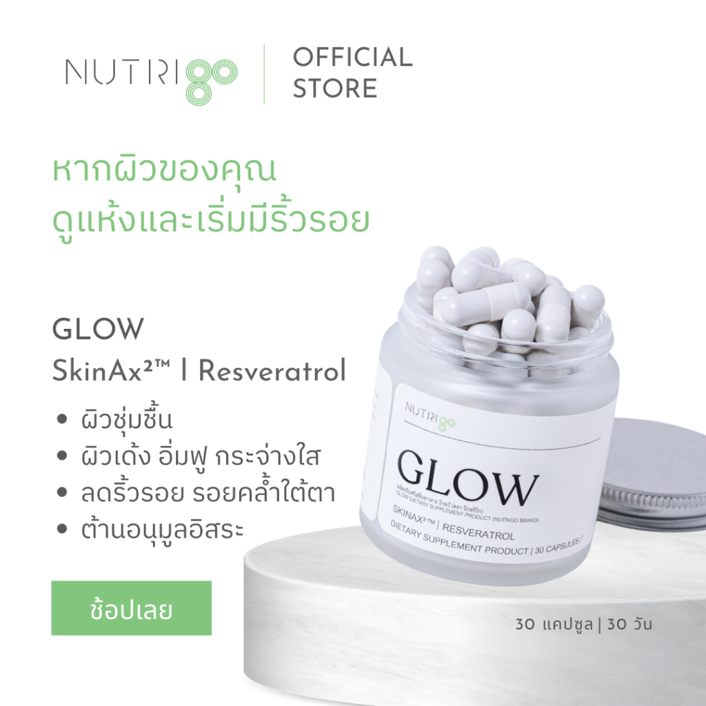 [โปร ส่งฟรี ส่งด่วน] NUTRIgo GLOW 30 แคปซูล วิตามินผิว หน้าใส ชุ่มชื้น ลดสิว ลดริ้วรอย ลดจุดด่างดำ SkinAx Resveratrol