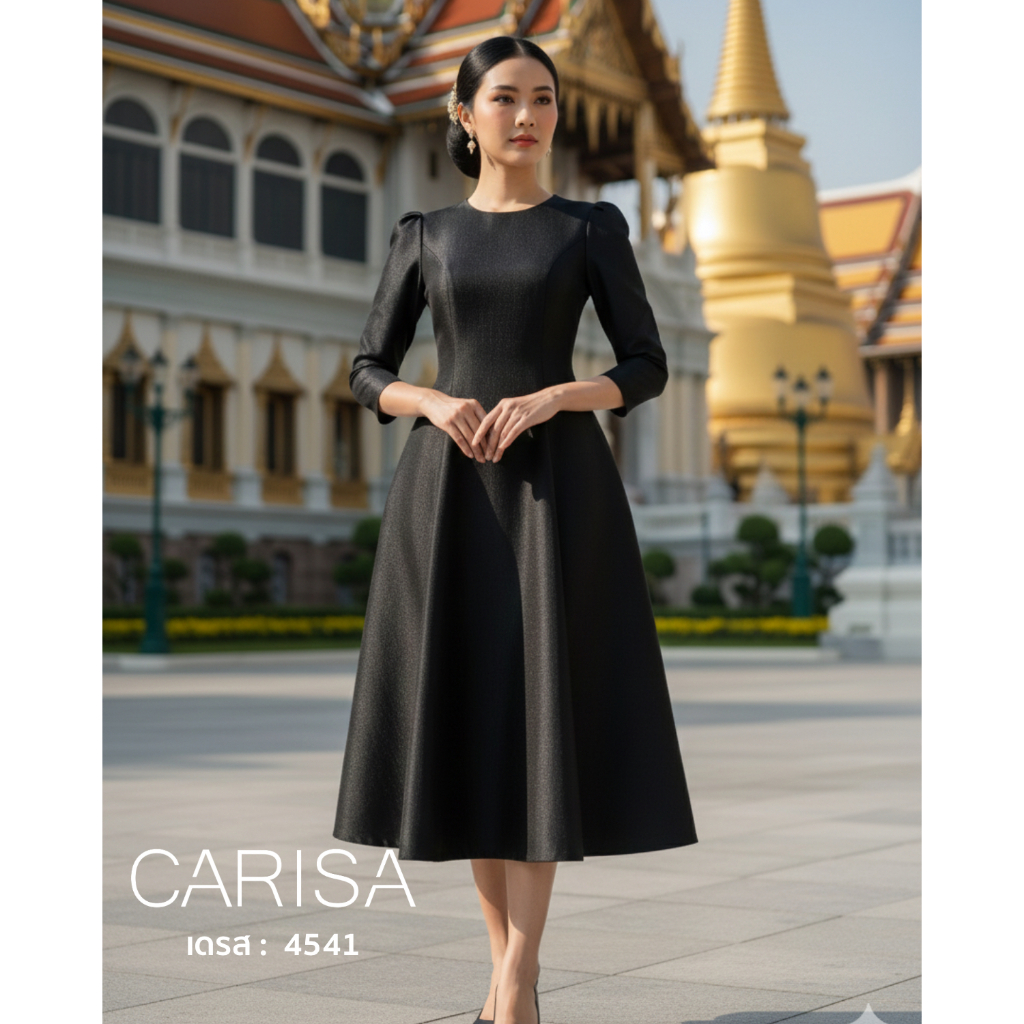 [4541] ชุดเดรสสีดำกระโปรงบาน ผ้าไหมแพรนวลเนื้อนิ่ม คอกลม แขนกระบอก 4 ส่วน มีกระเป๋าในตัว คัตติ้งเนี๊ยบ เข้ารูป ทรงสวย