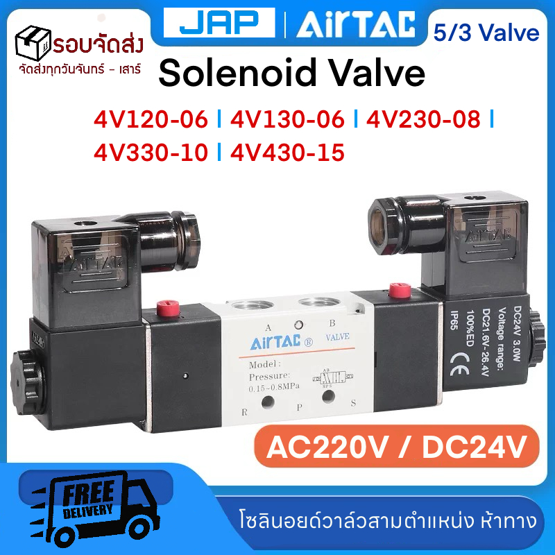 4V120-06 และรุ่นอื่นๆ เป็น โซลินอยด์วาล์วควบคุมลม (Solenoid Valve) แบบ 5/3