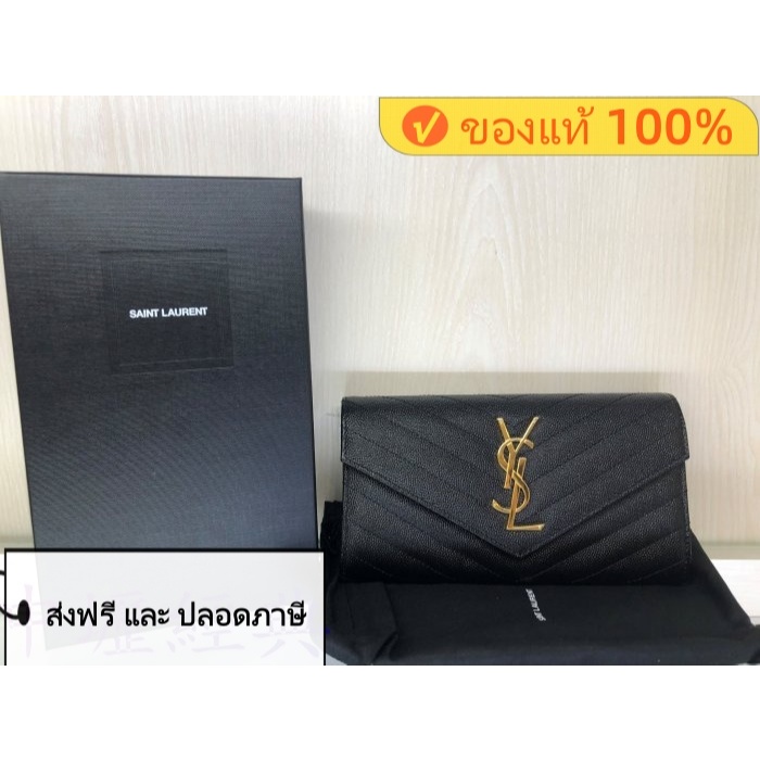 YSL SaintLaurent กระเป๋าสตางค์ยาวหนังลายดอกสีดำ ลายตะเข็บตัว V กระดุมทอง