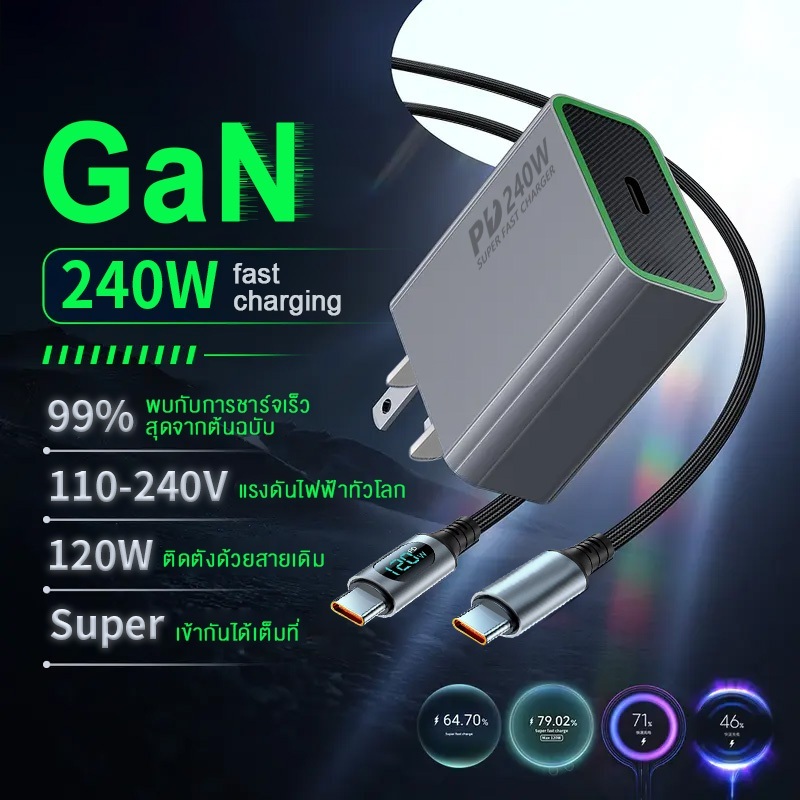 อะแดปเตอร์ชาร์จเร็ว PD240W สายชาร์จจอแสดงผลดิจิตอล 120W สายชาร์จ Type-C และ IOS เหมาะสำหรับแท็บเล็ตและโทรศัพท์มือถือ