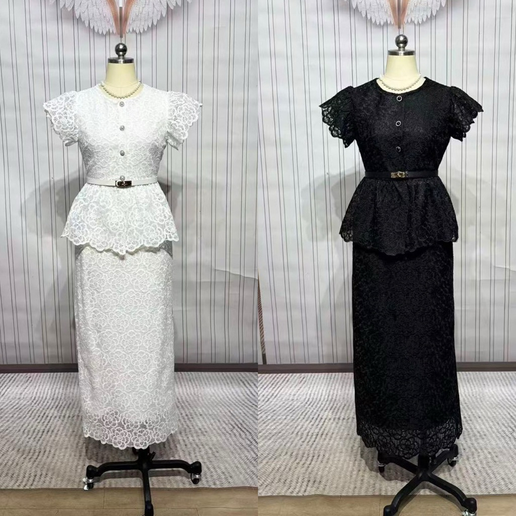 ชุดเซตกระโปรง ผ้าลูกไม้+เข็มขัด สีดำ สีขาว งานป้าย chalita