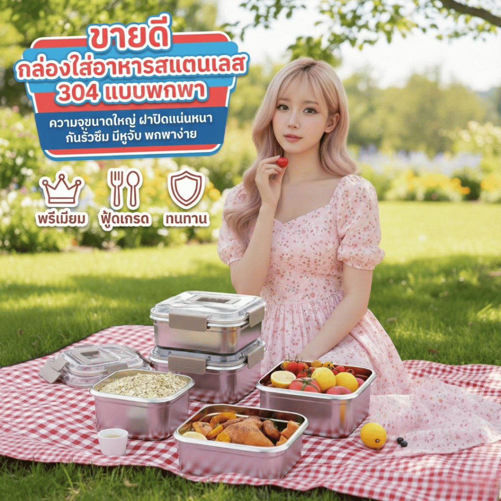 กล่องใส่อาหารสแตนเลส 304 แบบพกพา กล่องอาหารกลางวัน ความจุขนาดใหญ่ ฝาปิดแน่นหนา กันรั่วซึม มีหูจับ พกพาง่าย พร้อมส่งTH