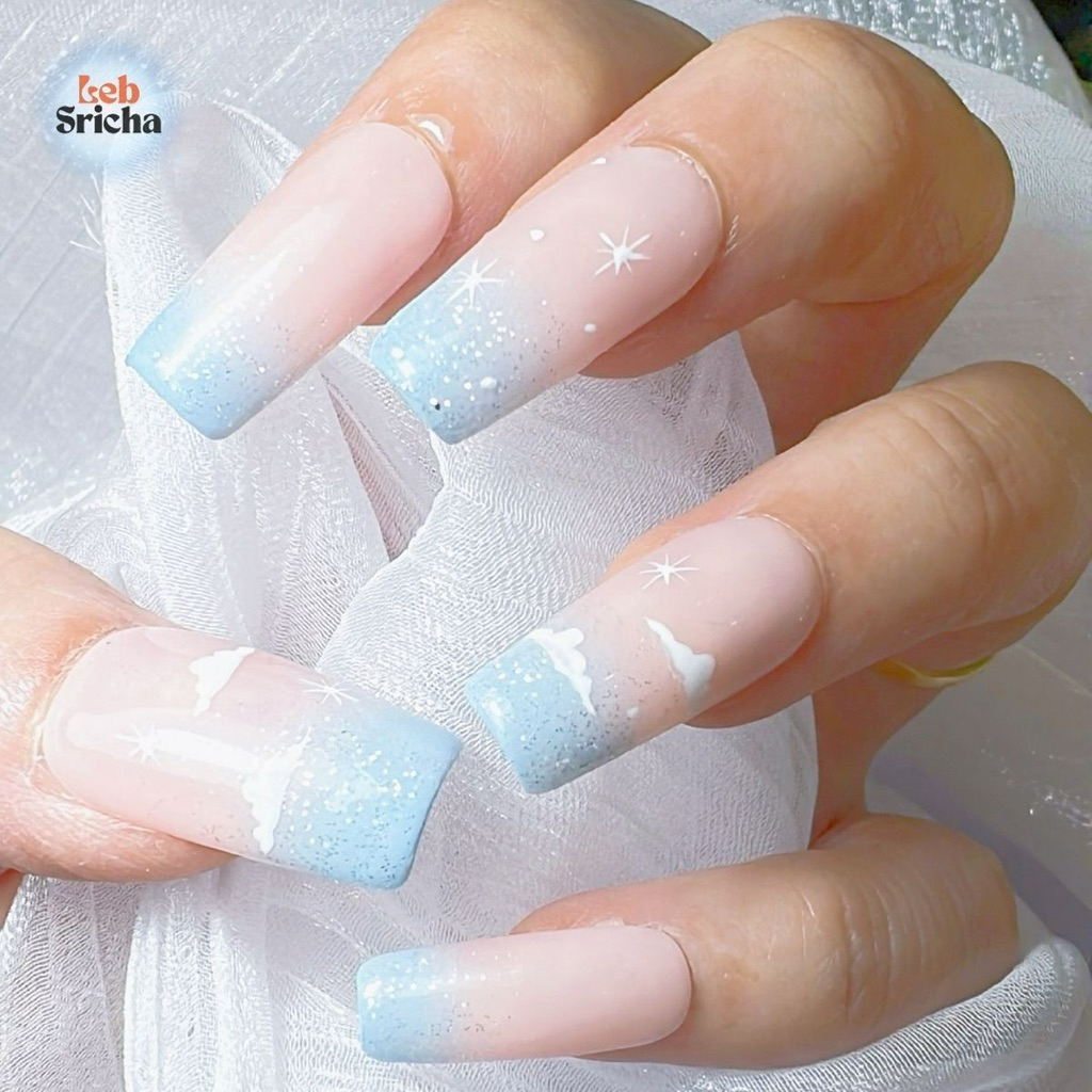 เล็บปลอมทรงเหลี่ยมสไตล์ cloudy sky nails handmade•premium