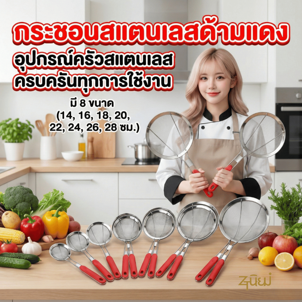 กระชอนสแตนเลสด้ามแดง มี8ขนาด 14-28 ซม. กระชอนทอด กระชอนลวกเส้น กรองอาหาร อุปกรณ์ครัวสแตนเลส