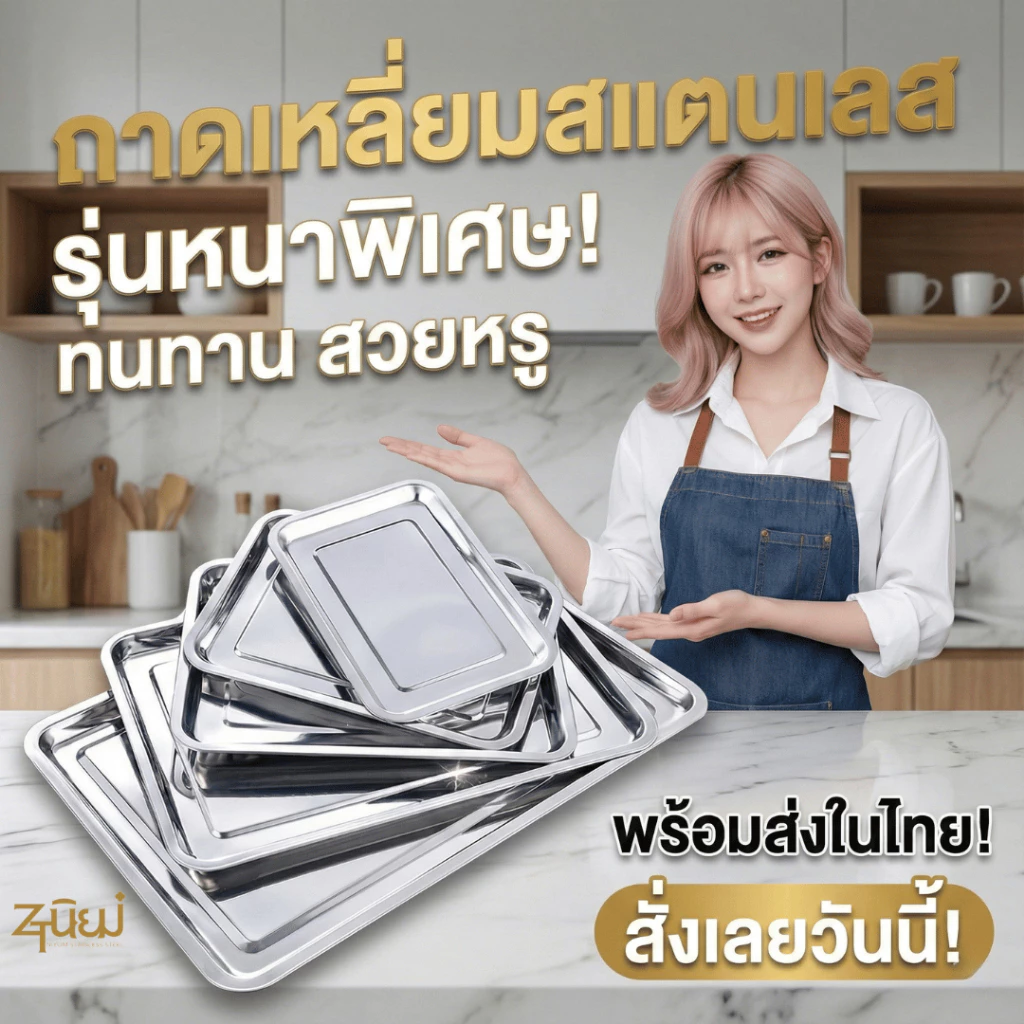 ถาดเหลี่ยมสแตนเลสSUS304 รุ่นหนาพิเศษ แบบก้นลึก/ก้นตื้น ไม่เป็นสนิม ใช้งานได้อเนกประสงค์ พร้อมส่งไทย