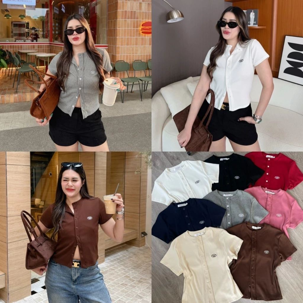AOMMKO Crew เสื้อยืดงานปักแต่งกระดุมหน้า (ผ้าร่อง) งานSize M-L AOMMKOSHOP - S86