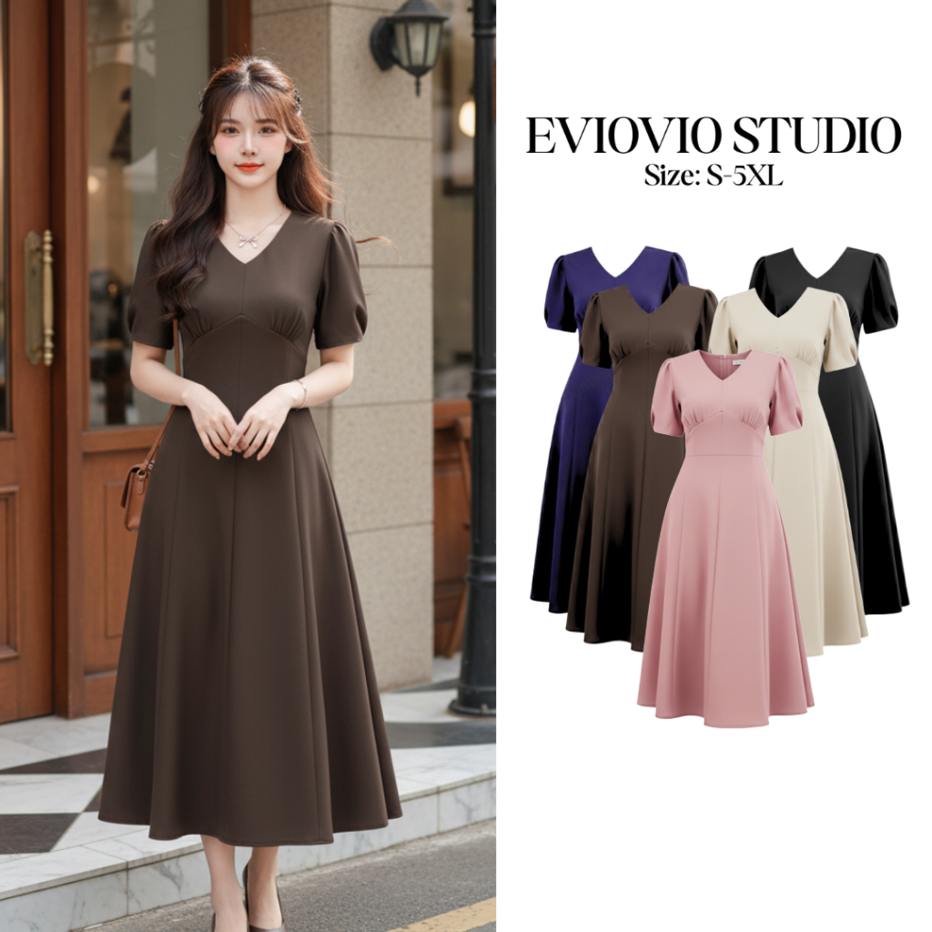 EVIOVIO【S-5XL】เดรสยาวคอวี แขนพอง สีพื้นเรียบหรู เดรสออกงาน ซิบหลัง ชุดเดรสผู้หญิงพลัสไซส์ ชุดไปงานแต่ง พร้อมส่งจากไทย❣️😋