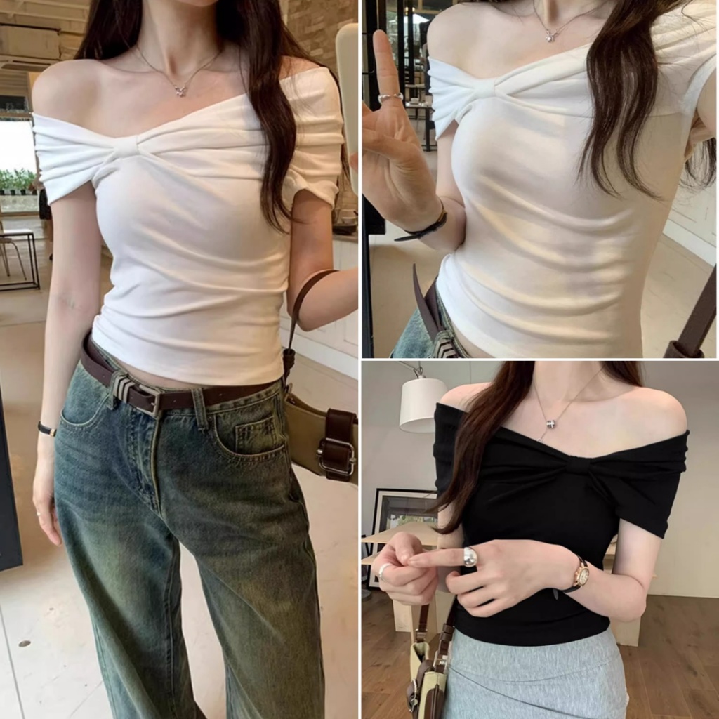 Hotgirl พร้อมส่ง เสื้อยืดปาดไหล่ผู้หญิง ผ้ายืดรูปทรงสวย เสื้อสวยๆ แขนสั้นครอปปาดไหล่ ดีไซน์เก๋ไก้โบว์ สไตล์ฝรั่งเศส