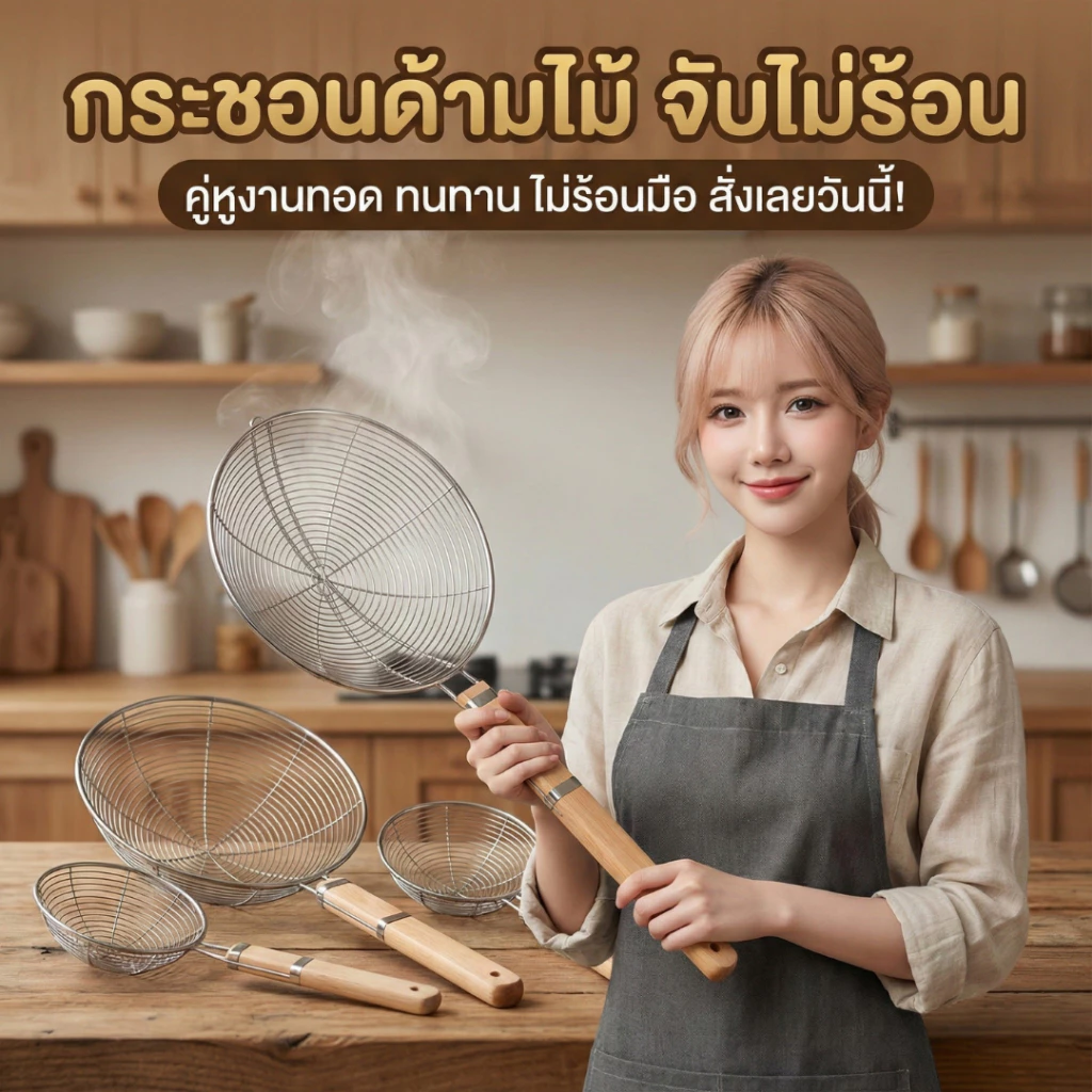 กระชอนสแตนเลสตักของทอด ด้ามไม้ 20/22/24/26/28/30/32/34ซม.(8ขนาด) กระชอนอเนกประสงค์ สแตนเลสแท้อย่างดี พร้อมส่งในไทย