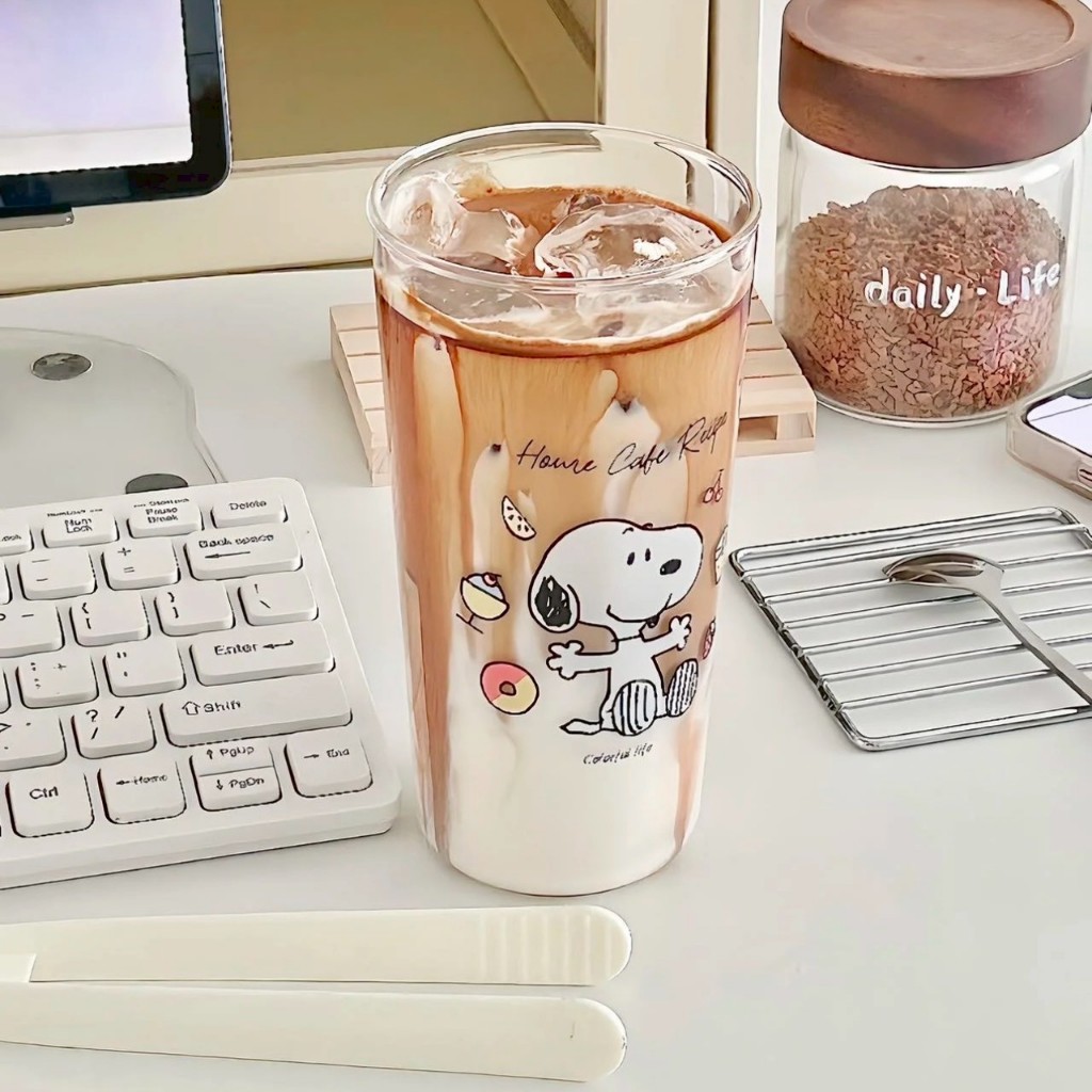 ส่งด่วน☕️💛 Snoopy แก้วน้ำ สนูปปี้ แก้วคาเฟ่ใส ทรงสูง น่ารัก มินิมอล Home Café 71059