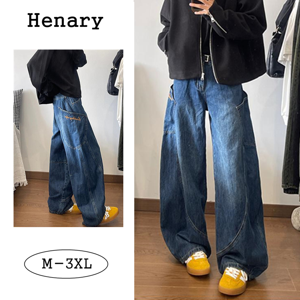 Henary กางเกงยีนส์ผู้ชาย สไตล์เกาหลีเท่ๆ วินเทจ ทรงหลวมขากว้าง มีกระเป๋าขนาดใหญ่ สีน้ำเงินเข้ม M-3XL
