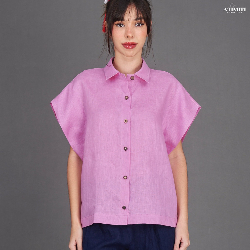 5th Jan เสื้อเชิ้ต คอปก แขนในตัว ชายเสื้อตรง ทรงเสื้อปีกค้างคาว แต่งโบว์ข้างช่วงเอว ผ้าลินินแท้ 100%