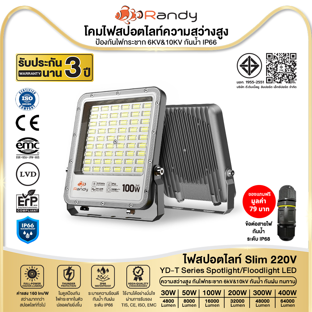 [3FREE1]RANDY Slim ไฟสปอตไลท์ 220V รุ่นท็อป ซูเปอร์ไบร์ท ป้องกันไฟกระชาก6KV&10KV IP66 ประกัน3ปี