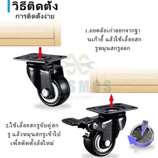 (4ชิ้น) ลูกล้อ PU โพลียูรีเทนสีดำ ขนาด1.5-2นิ้ว ล้อรถเข็น หมุนได้/หมุนไม่ได้/มีเบรค อเนกประสงค์สำหรับรถเข็น/รถเข็น
