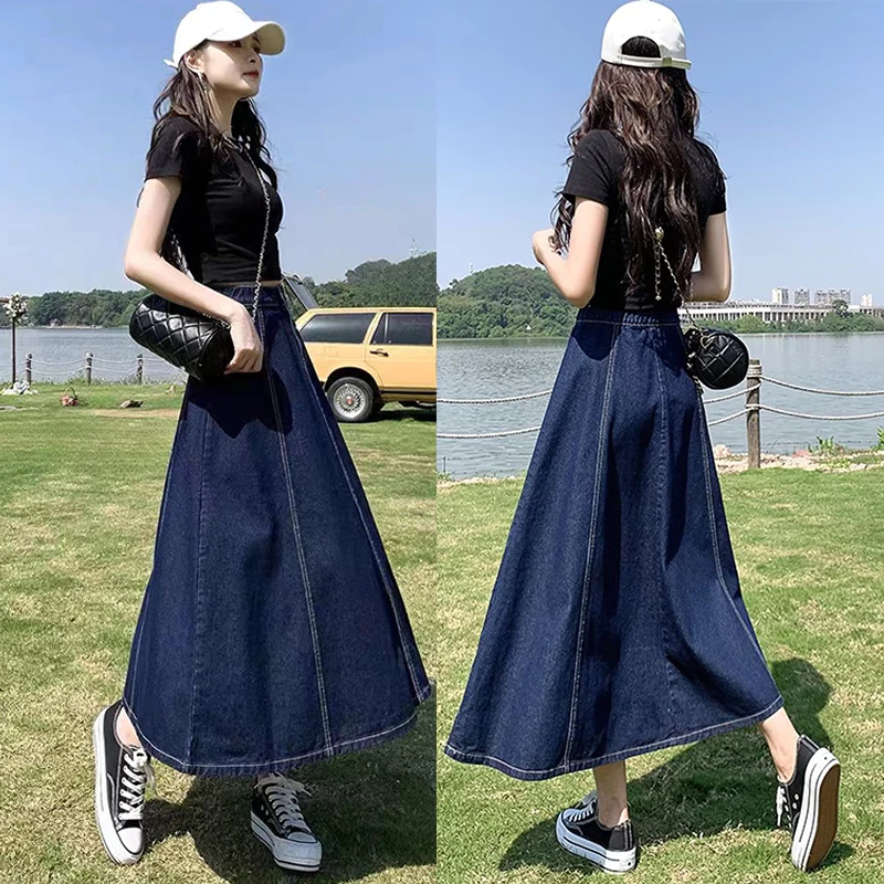 S-5XL กระโปรงยีนส์หญิงสีน้ำเงินเข้ม ยาวมิดิทรงเอ เอวแบบยืดหยุ่นบางส่วน
