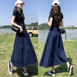 S-5XL กระโปรงยีนส์หญิงสีน้ำเงินเข้ม ยาวมิดิทรงเอ เอวแบบยืดหยุ่นบางส่วน