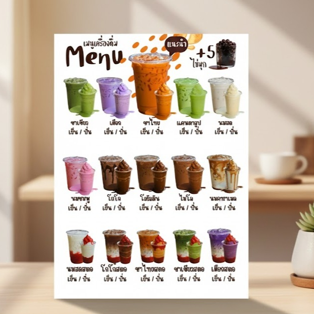 ป้ายเมนูชา พร้อมส่ง ป้ายเมนูร้านคาเฟ่ ขนาดA3 A4 ปริ้นท์คุณภาพสูงสีคมชัดพร้อมเคลือบแข็งกันน้ำ