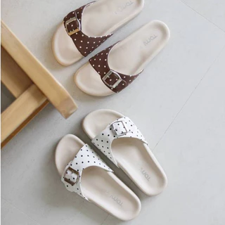 [TOMi-Dot.] (**มีเนื้อเท้า/อวบ**เพิ่ม +1 ไซส์)รองเท้าแตะ รุ่นเข็มขัดเดี่ยว รุ่น Polka dot. พื้นนุ่มใส่สบาย สายพียูหนังนิ