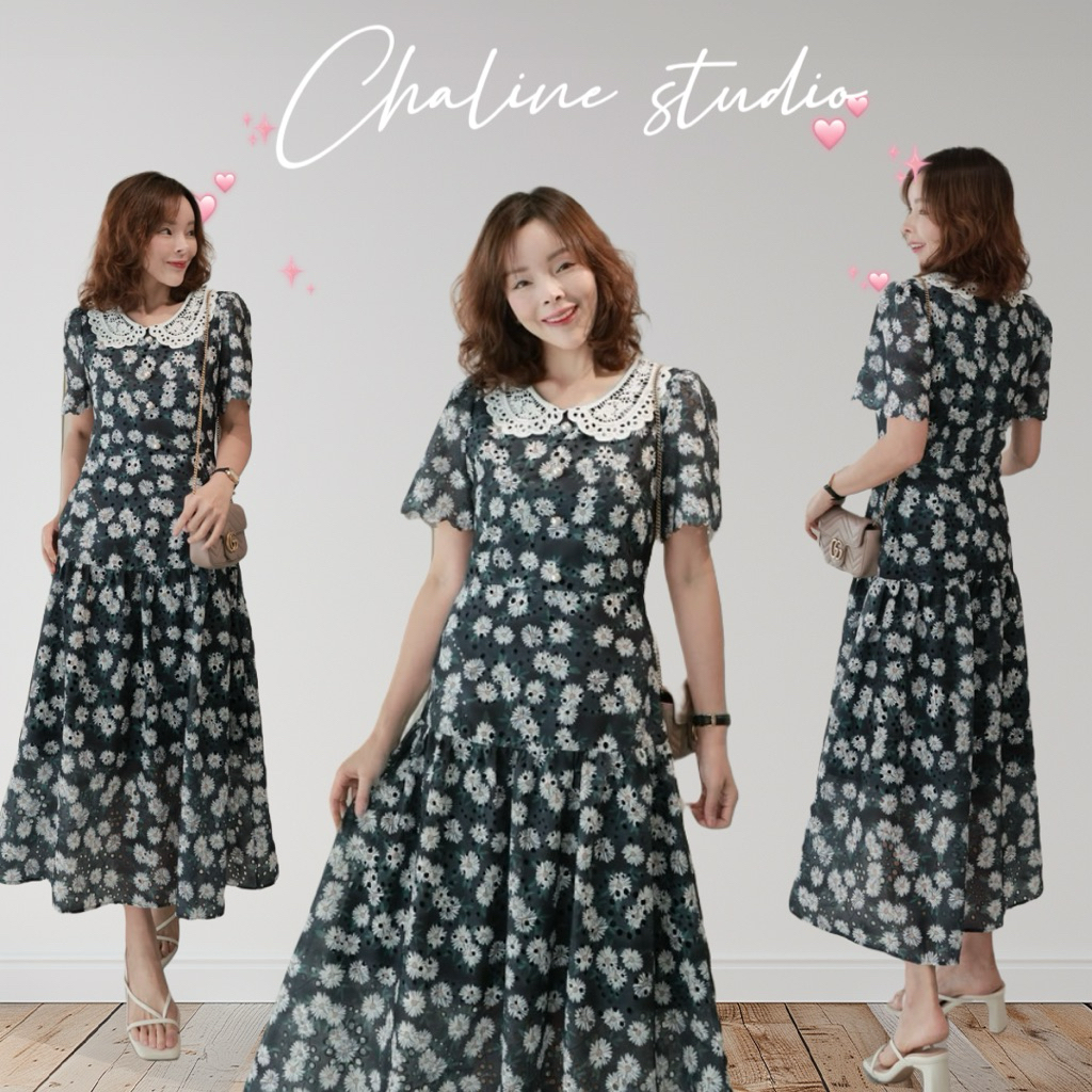 Chaline เดรสผ้าคอตตอนญี่ปุ่น ปักลายดอกไม้ในตัวผ้าลายน่ารัก