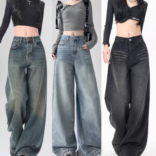 🔥919nn🔥กางเกงยีนส์ขากว้างสีน้ําเงินเข้มผู้หญิงสไตล์ใหม่หลวมเ…