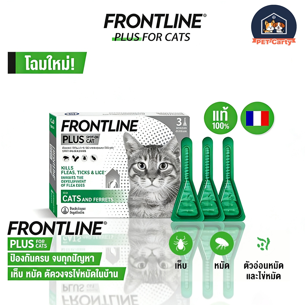 FRONTLINE PLUS CAT หยอดเห็บหมัดแมว ฟรอนท์ไลน์ พลัส ยาหยดกำจัดเห็บหมัด สำหรับแมว (ล็อตยาว)