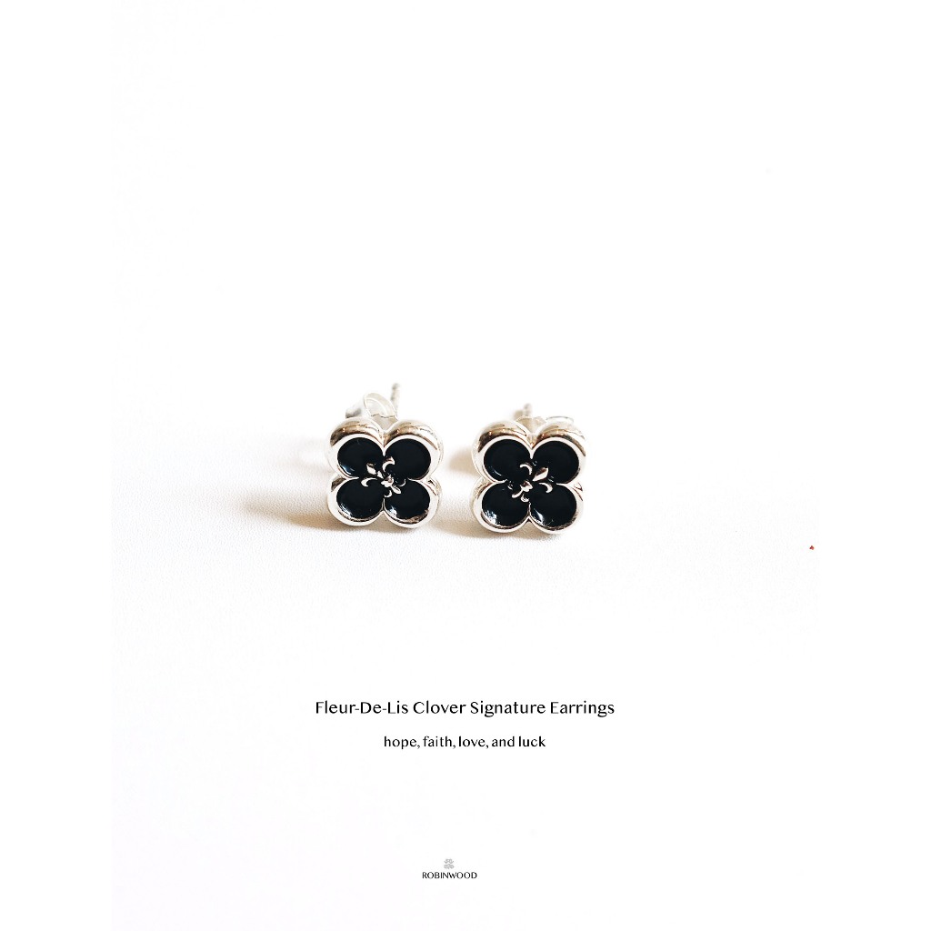 ตุ้มหูเงินเเท้โคลเวอร์ Limited Collection's " Fleur-De-Lis Clover Black Signature Earrings, RobinWood