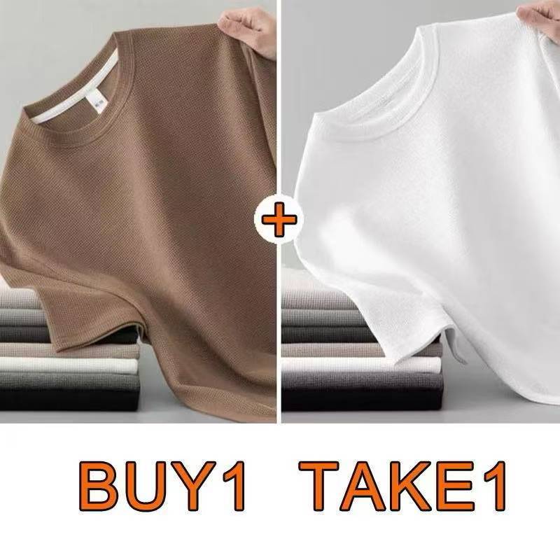 TwoSta เสื้อวาฟเฟิลผู้ชายไซส์ M ถึง 2XL แบบยูนิเซ็กซ์ ซื้อ 1 แถม 1 เสื้อยืดถักคอกลมทรงหลวม รุ่นใหม่สดๆ สำหรับทุกเพศ ดีไซ