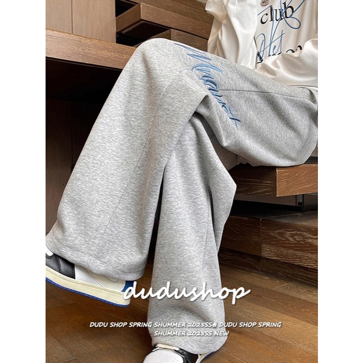 [Letter embroidery, casual sports pants]กางเกงขายาวลำลองขากว้างปักลายตัวอักษรสไตล์เกาหลีสำหรับผู้หญิง