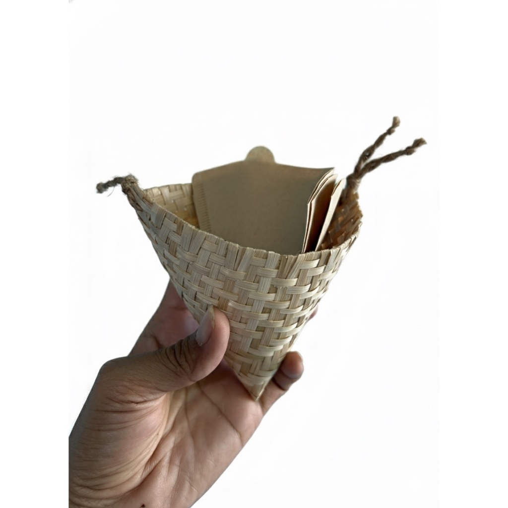 หวดจิ๋วดริปกาแฟ coffee dripper หวดขนาดเล็ก หวดสานจากไม้ไผ่ หวดสูง 4 นิ้ว หวดแค้มป์ปิ้ง พร้อมแผ่นกรอง 3 แผ่น