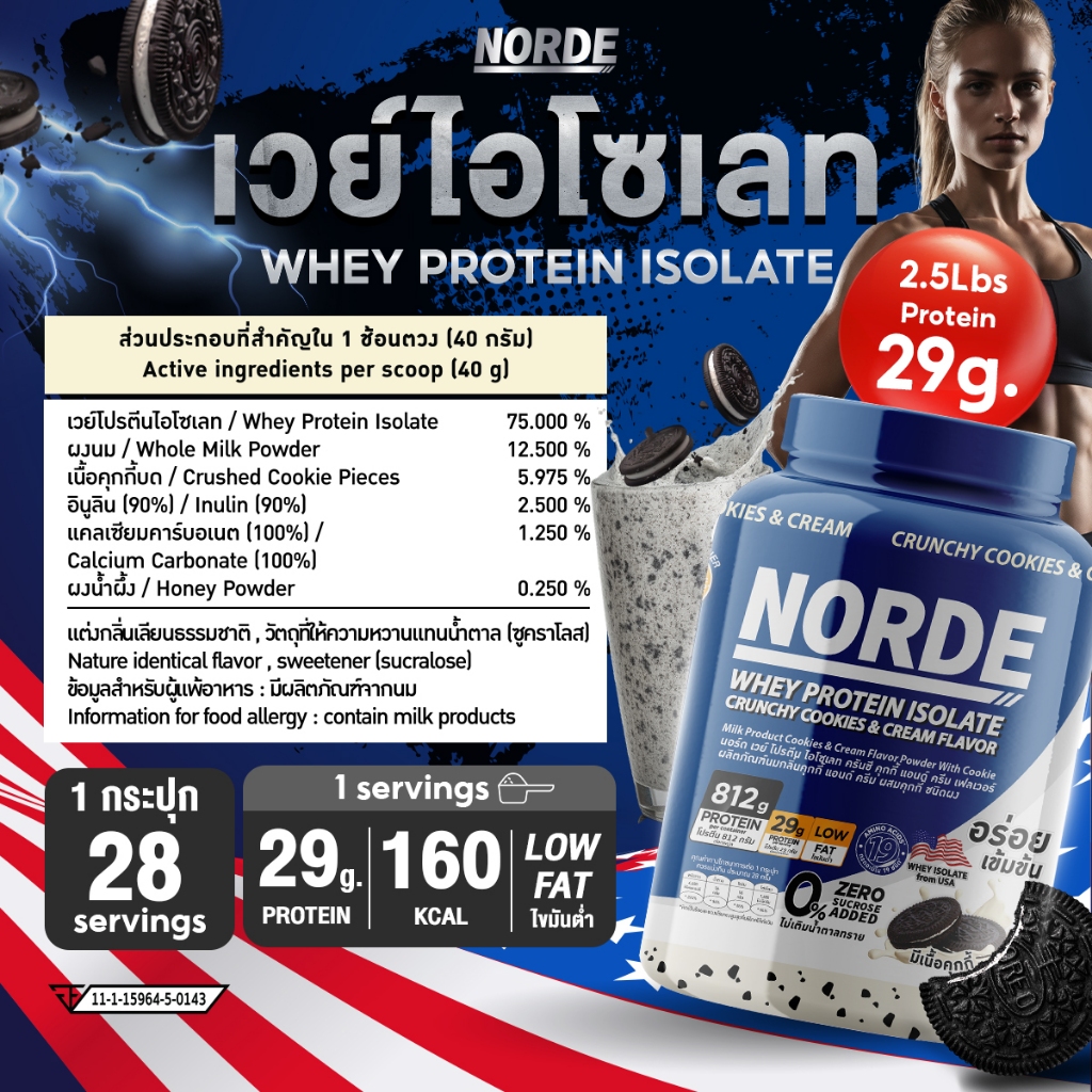 Norde Whey Protein Isolate เวย์โปรตีน ไอโซเลท เสริมสร้างกล้ามเนื้อ โปรตีนสูง 29g  กระปุกใหญ่ 2.5 lbs ราคา ถูกที่สุด ดีลบีเคเค แกลเลอรีภาพที่ 7