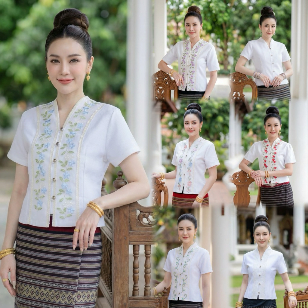 เสื้อพื้นเมืองผู้หญิงคอวี แต่งแถบลูกไม้ลายดอก