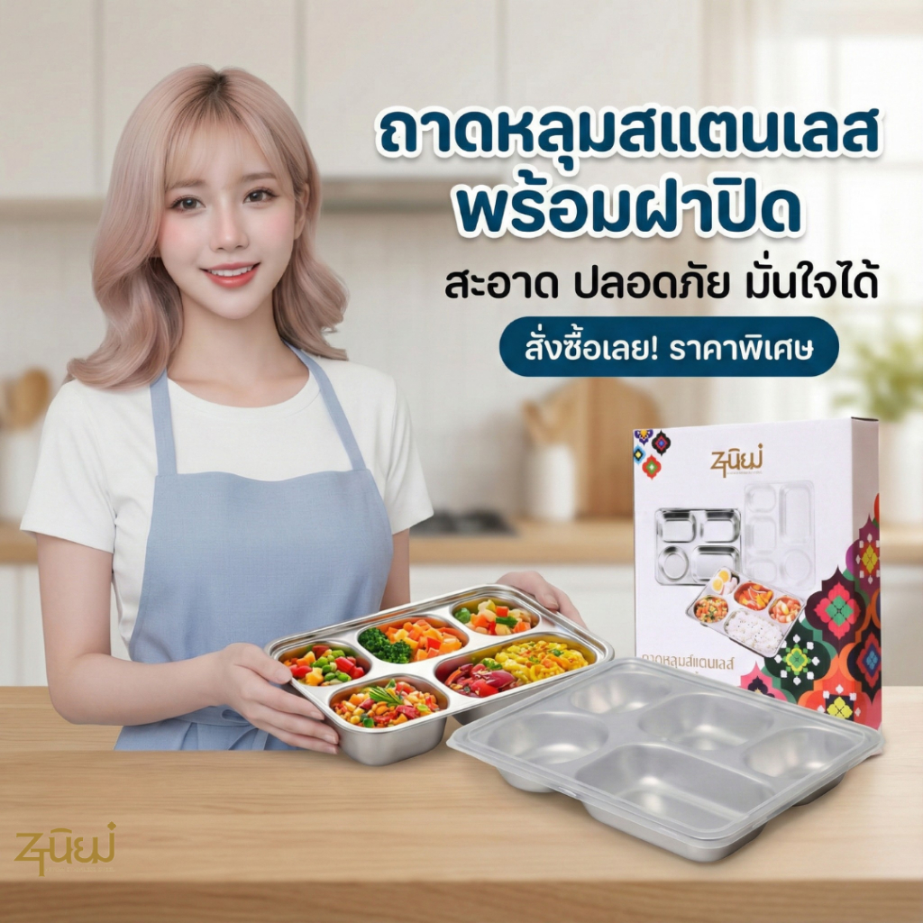 ถาดหลุม สแตนเลสอย่างหนา ถาดหลุมใส่อาหาร 5ช่อง แบบเหลี่ยม28ซม. (มีฝาปิด-งานกล่อง)