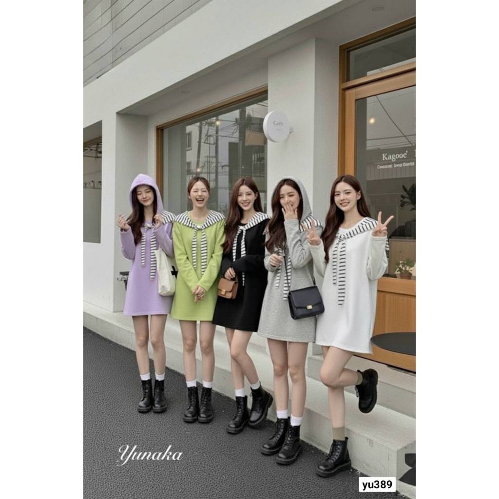 มินิเดรสสั้น มีฮู๊ดหมวกลายริ้วทางผูกได้ จะใส่แมทเป็นชุดรึจะถอดแยกออกใส่เดี่ยวๆก็เก๋ Yunaka