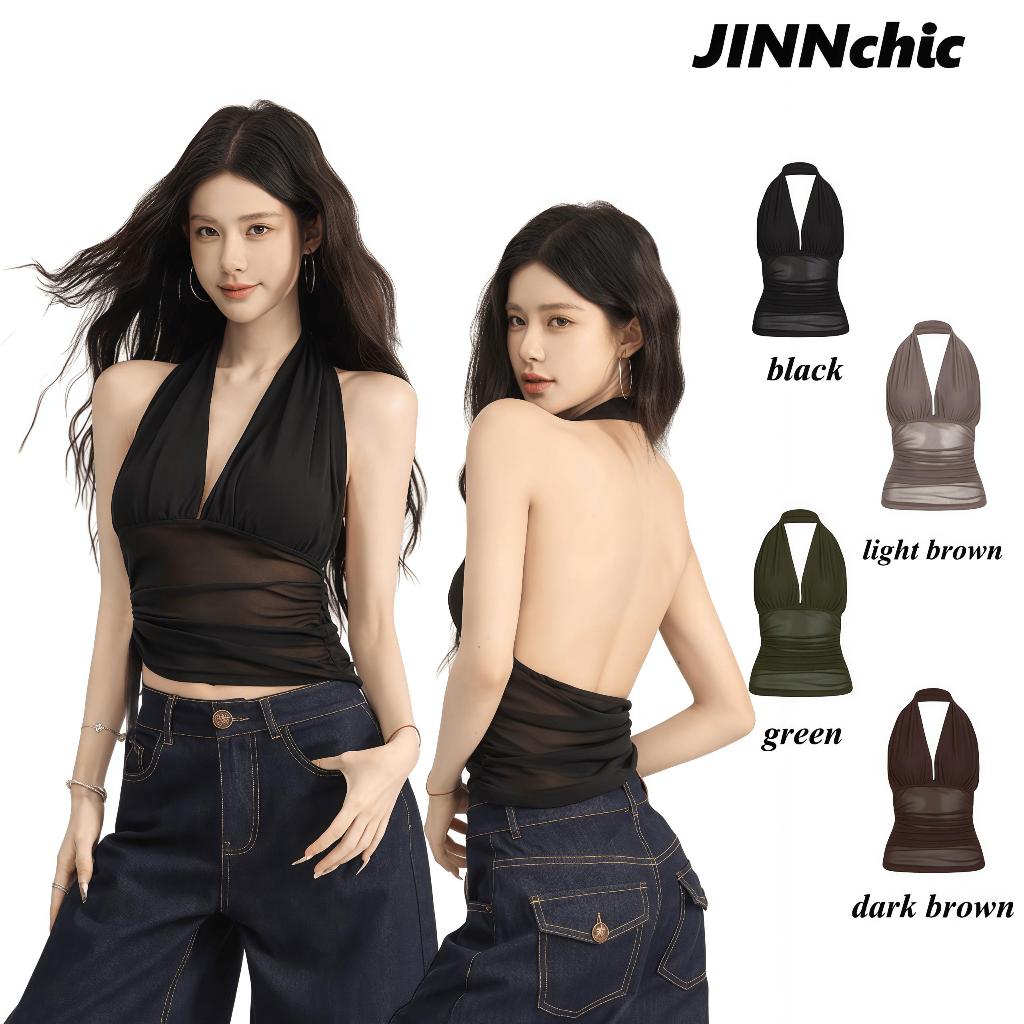 JINNCHIC✨เสื้อกล้ามคอวีผู้หญิง ตกแต่งระบายข้างเดียวพร้อมเชือกรูด สไตล์เซ็กซี่ เหมาะสำหรับสวมใส่ในฤดูร้อน