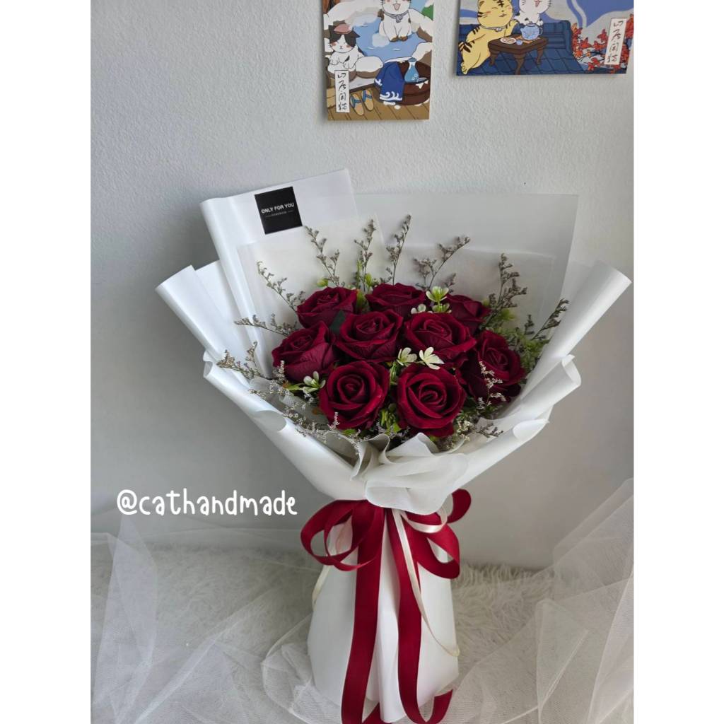 -CATHANDMADE- ช่อกุหลาบกำมะหยี่ 5/9 ดอก แซมดอกไม้แห้ง ช่อดอกไม้ วาเลนไทน์ รับปริญญา