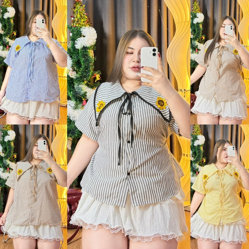 T51 เสื้อลายริ้วดอกทานตะวัน ทรงสวยผูกหลังได้