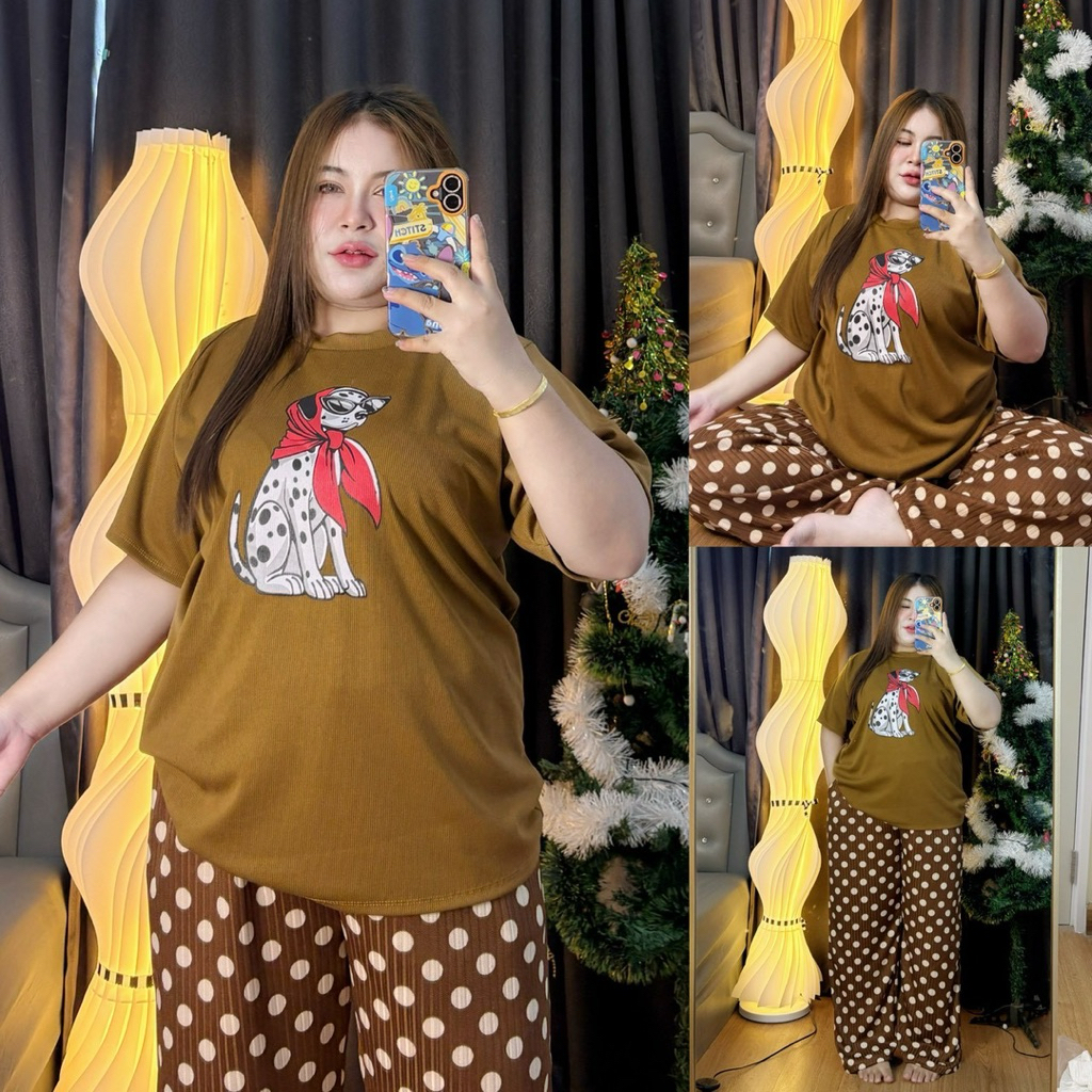 D229 ชุดเซตกางเกงลายจุด น่ารักมั่กๆ เสื้อยืดสกรีนน้องหมา OVERSIZE ราคา ถูกที่สุด ดีลบีเคเค แกลเลอรีภาพที่ 4