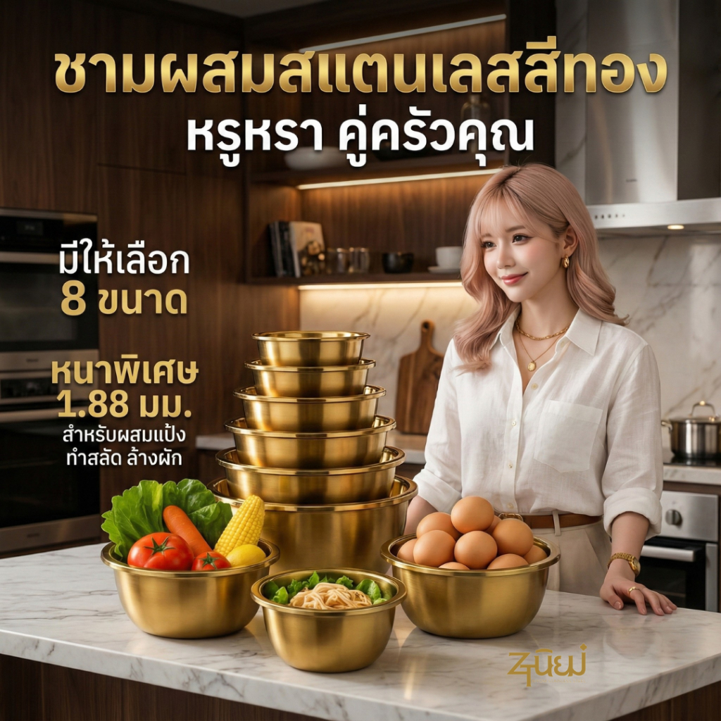 ชามผสมสแตนเลส สีทองหรูหรา (รุ่นหนา) ขนาด 20-34 ซม.สำหรับผสมแป้ง ทำสลัด ล้างผัก ใช้งานได้หลากหลาย