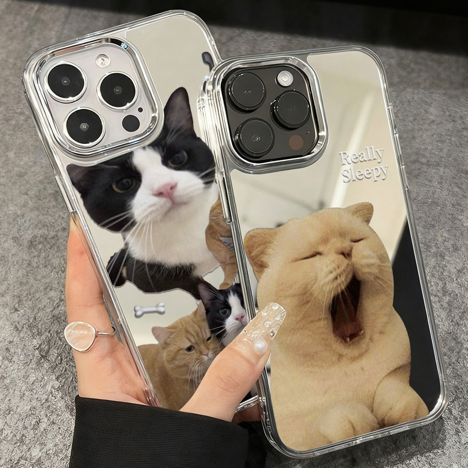 ลายแมวน่ารัก เคสโทรศัพท์ For iPhone 17 Air 13 11 15 12 16 14 Pro Max กันกระแทก กระจกเงา เคส เคสโทรศัพท์มือถือ