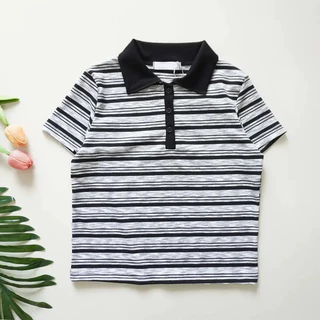 cherryshop พร้อมส่ง เสื้อยืดแขนสั้นลายทางสไตล์เกาหลีแฟชั่นลำลองสำหรับผู้หญิง ปกคอโปโล กระดุมหน้า ทรงหลวม