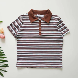 cherryshop พร้อมส่ง เสื้อยืดแขนสั้นลายทางสไตล์เกาหลีแฟชั่นลำลองสำหรับผู้หญิง ปกคอโปโล กระดุมหน้า ทรงหลวม