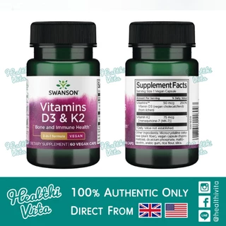 Swanson Vitamins D3 & K2 - 2,000 IU & 75 mcg/60 Vegan Caps ❌MFG.10/25