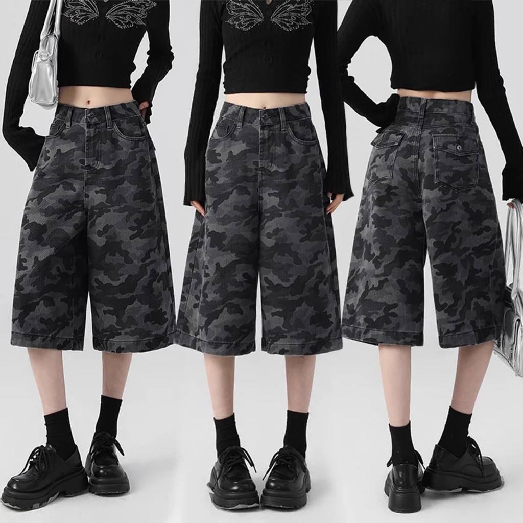 S~5XL  Camouflage shorts กางเกงครอปขาตรงสไตล์เรโทรแบบใหม่ กางเกงทรงตรงเอวสูงทรงหลวม กางเกงขาสั้นลายพรางลำลองทรงหลวม